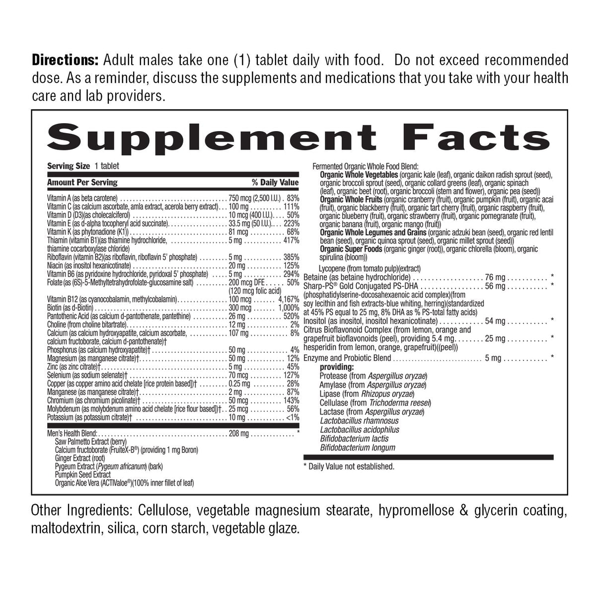 Supplement Facts for Country Life Core Daily-1 for Men 50+ Multivitamin