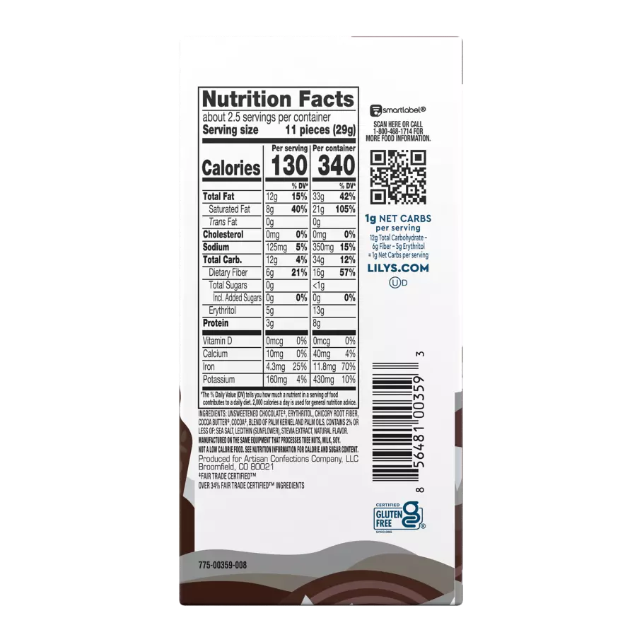 Lily's Sea Salt Extra Dark Chocolate Style Bar - Supplement/Nutrition Facts