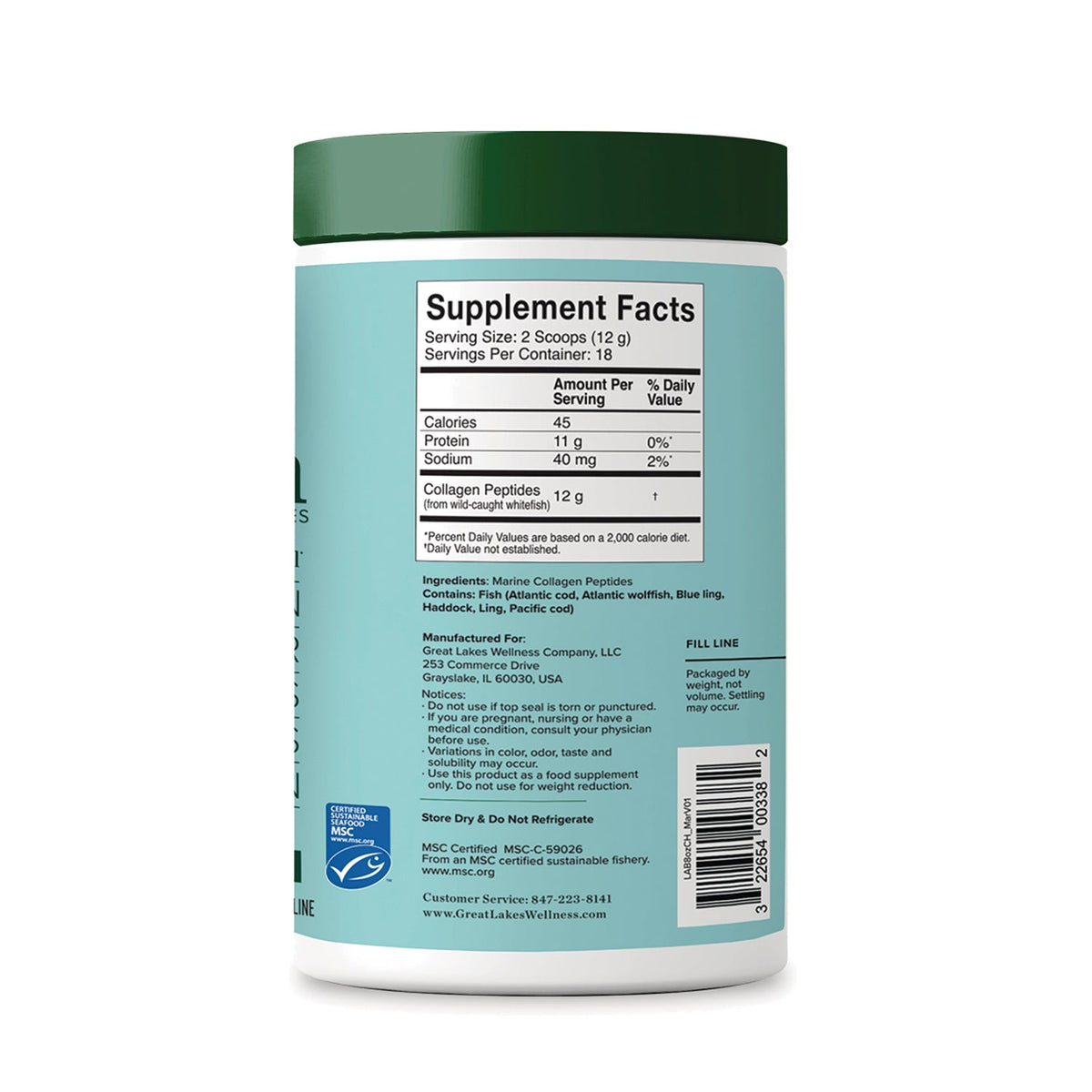 Supplement Facts for Great Lakes Wellness Sustainable Marine Collagen Peptides Unflavored