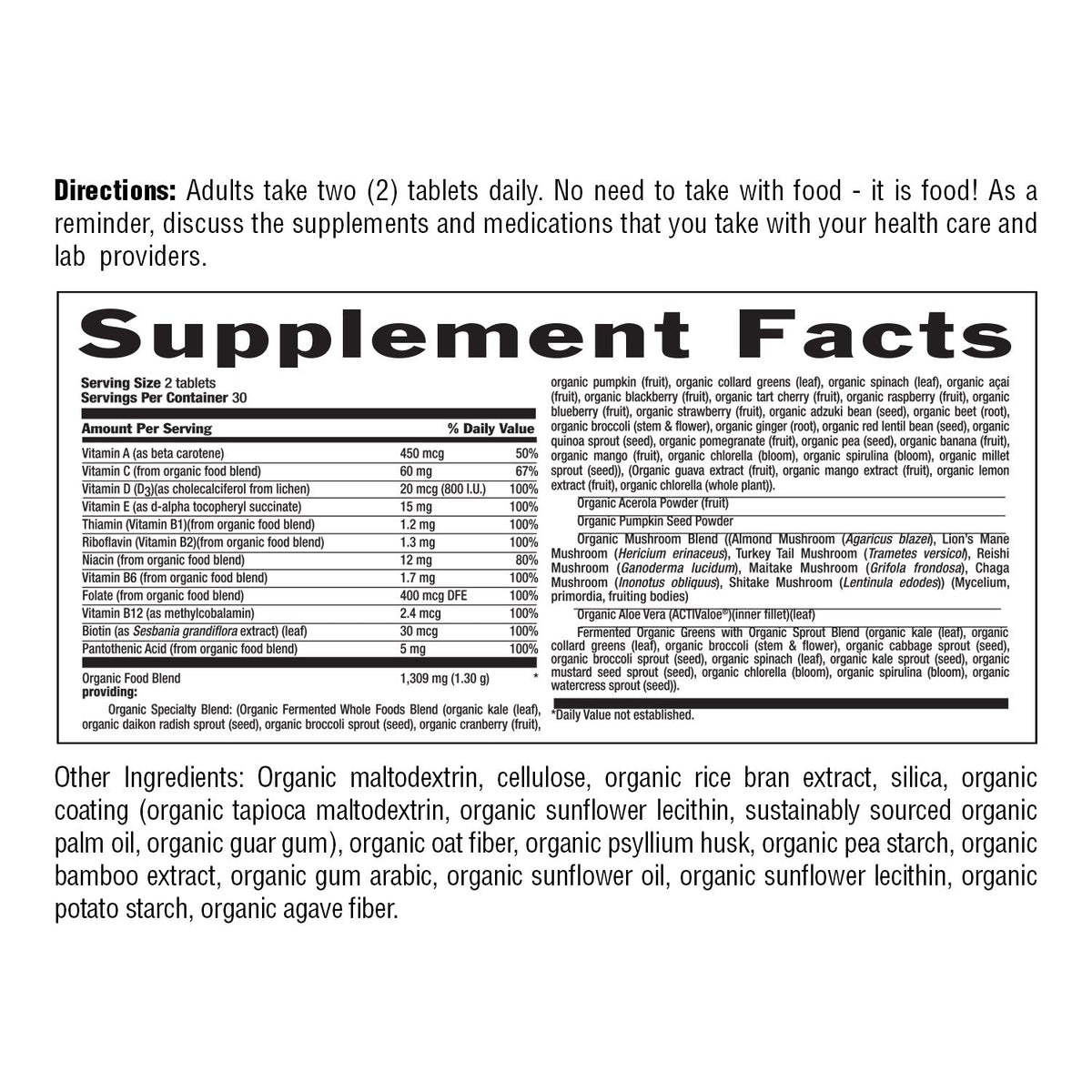 Supplement Facts for Country Life Realfood Organics Multivitamin For Men