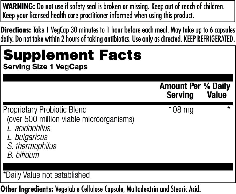 Supplement Facts for Kal Acidophilus Probiotic-4 VegCaps