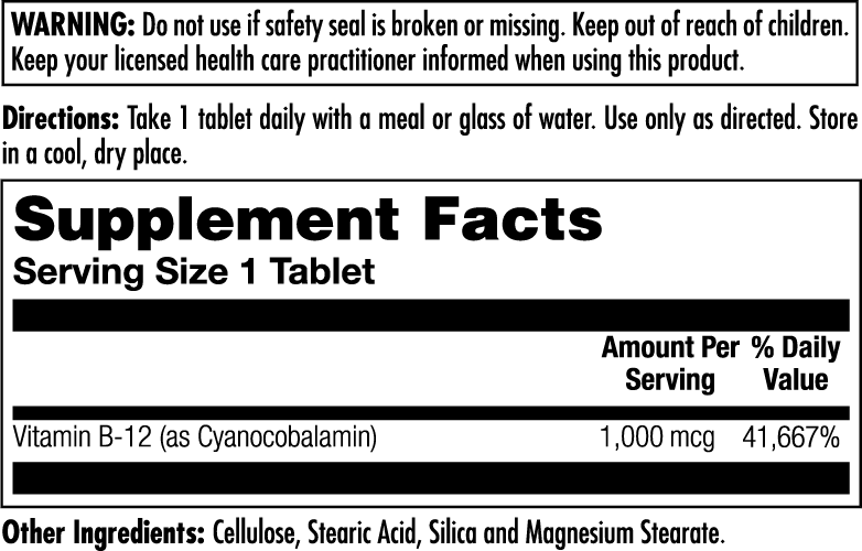 Supplement Facts for Kal B-12 Sustained Release Tablets 1000 mcg