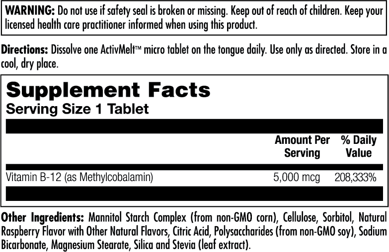 Supplement Facts for Kal B-12 Methylcobalamin 5000 mcg ActivMelt Instant Dissolve Tablets Raspberry