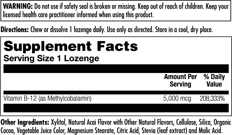 Supplement Facts for Kal B-12 Methylcobalamin Lozenges 5000 mcg
