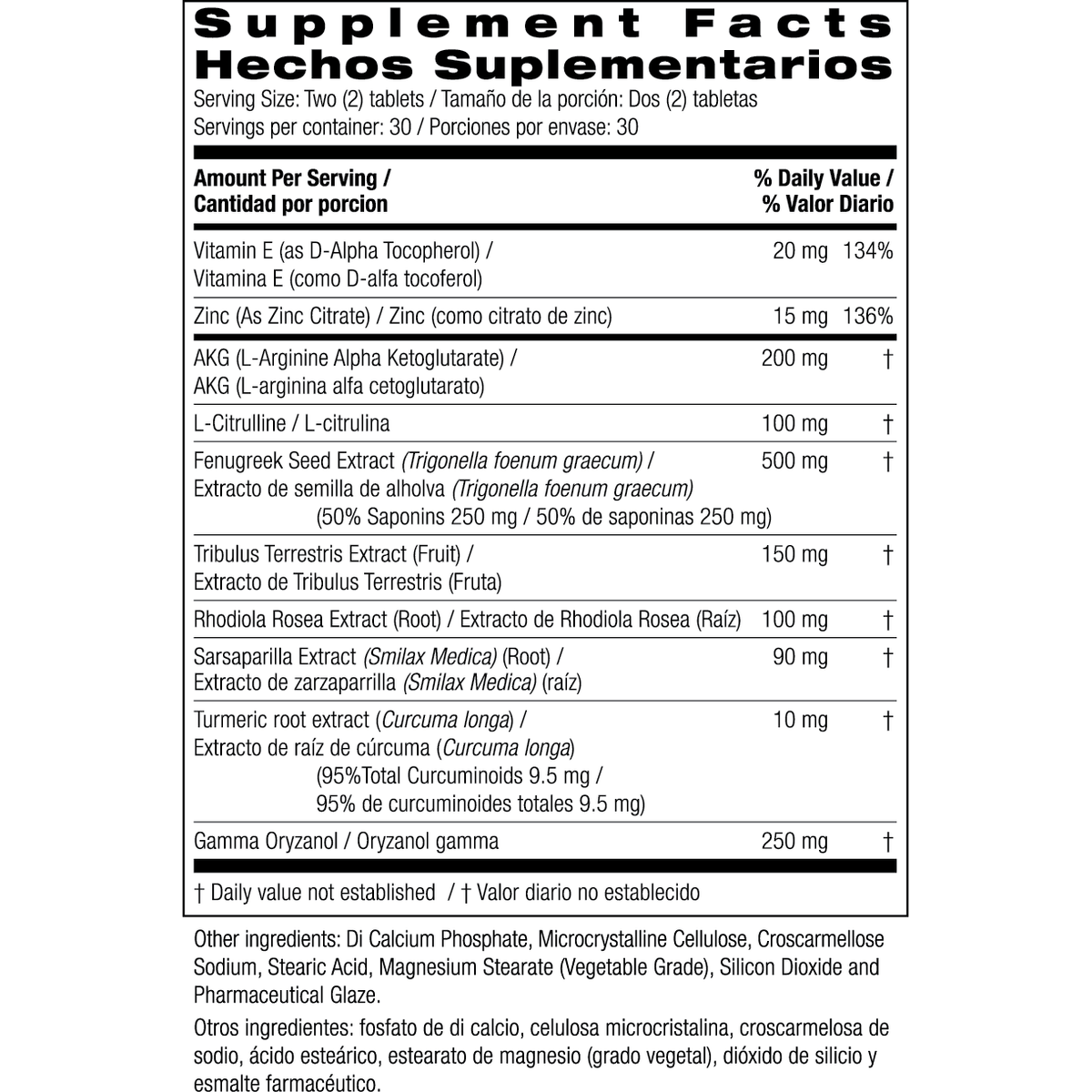 Supplement Facts for Bio Nutrition Testosterone Wellness