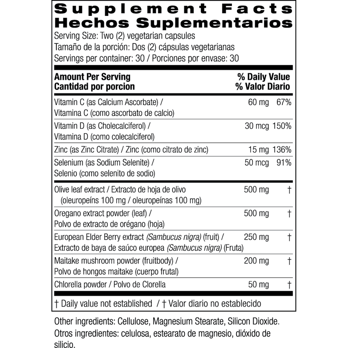 Supplement Facts for Bio Nutrition Olive Leaf & Oregano Immune Wellness