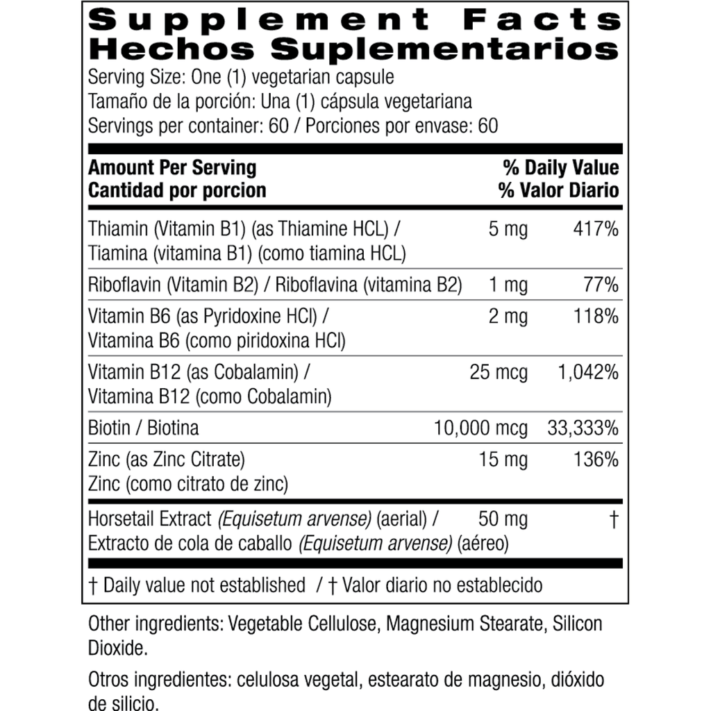 Supplement Facts for Bio Nutrition Healthy Hair with Biotin