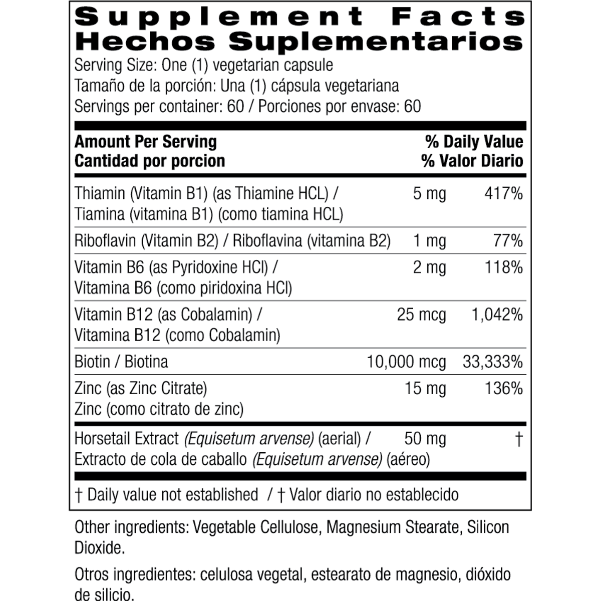 Supplement Facts for Bio Nutrition Healthy Hair with Biotin