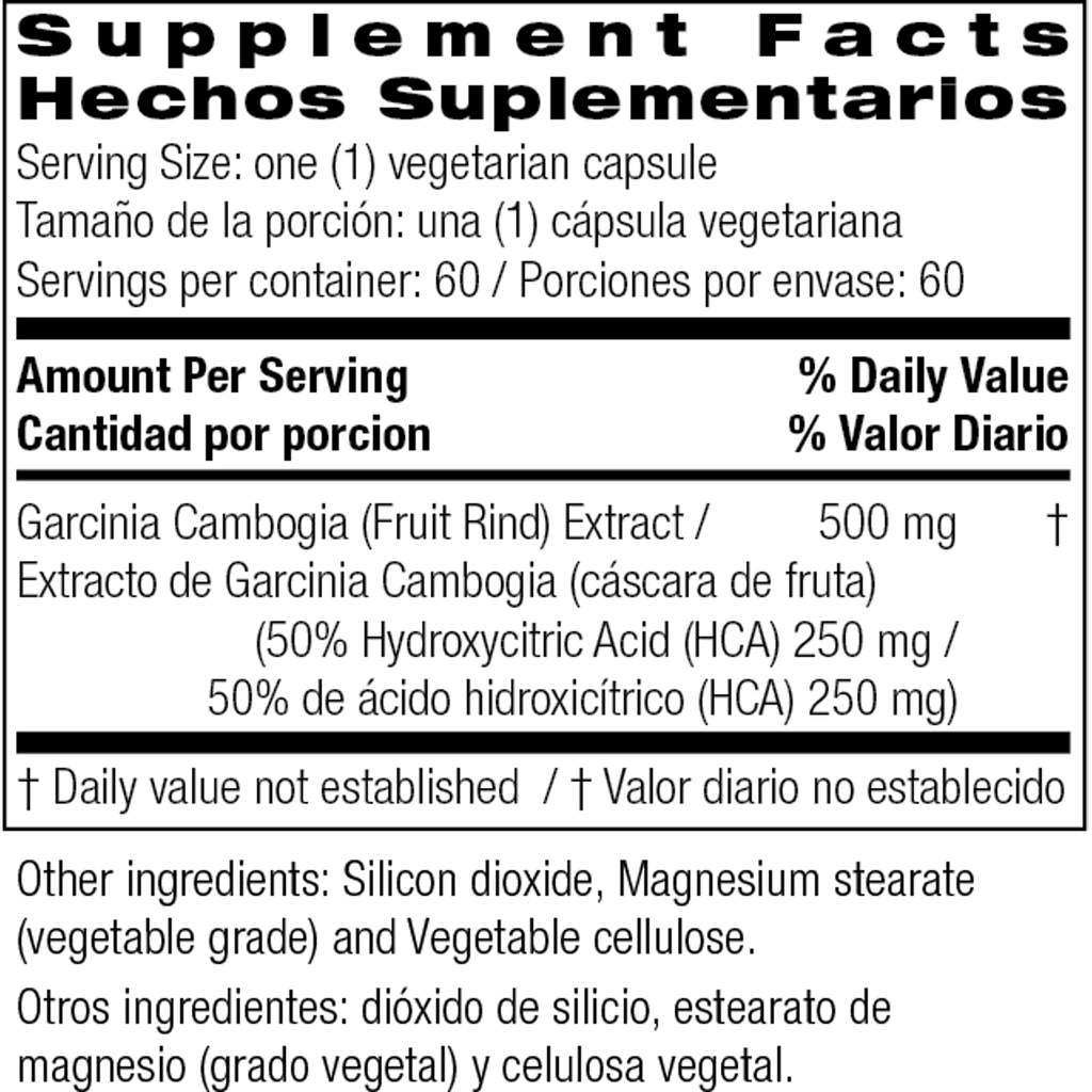 Supplement Facts for Bio Nutrition Garcinia Cambogia 500mg (50% HCA)