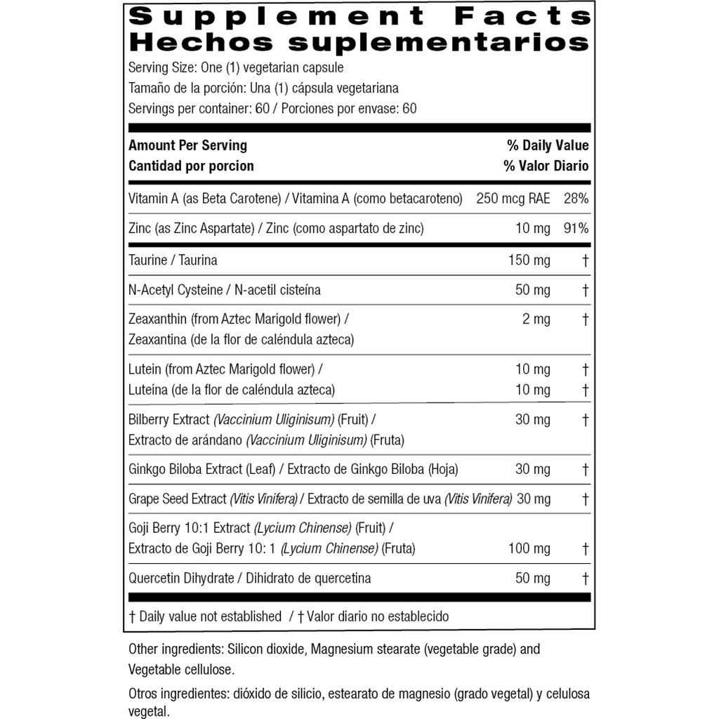 Supplement Facts for Bio Nutrition Eye Wellness with Zeaxanthin