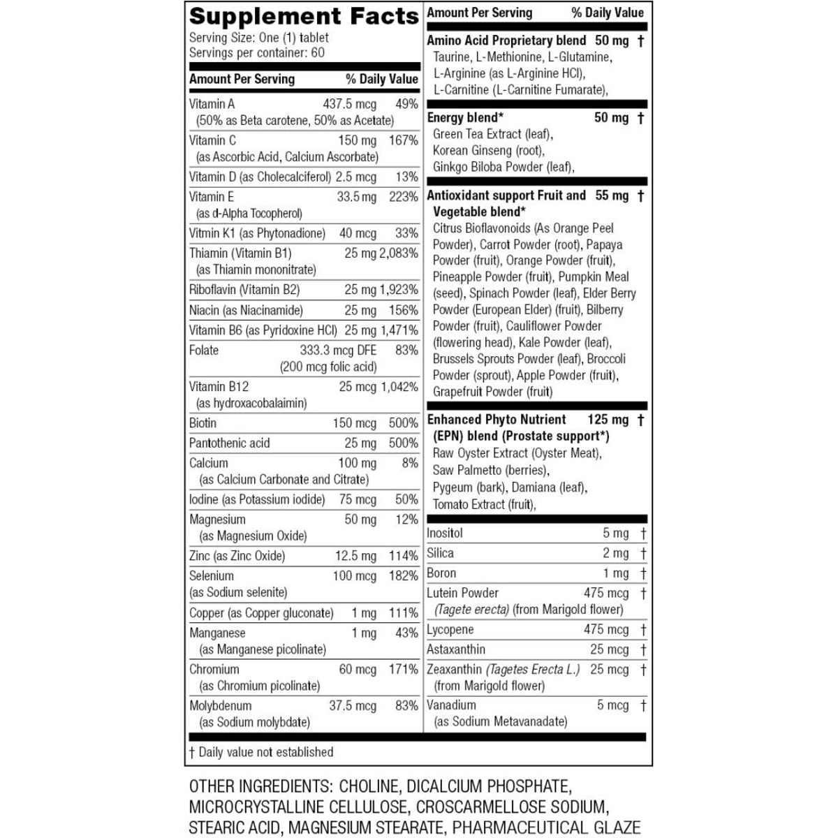Supplement Facts for Bio Nutrition Men's Wellness