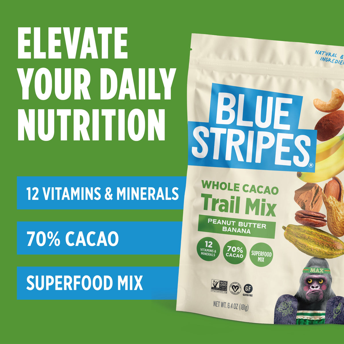 Blue Stripes Whole Cacao Trail Mix - Peanut Butter Banana