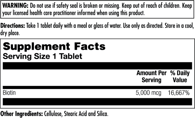 Supplement Facts for Kal Biotin 5000 mcg Sustained Release Tablets