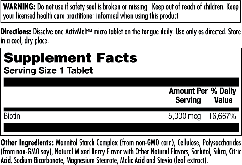 Supplement Facts for Kal Biotin 5,000 mcg ActivMelt Instant Dissolve Tablets