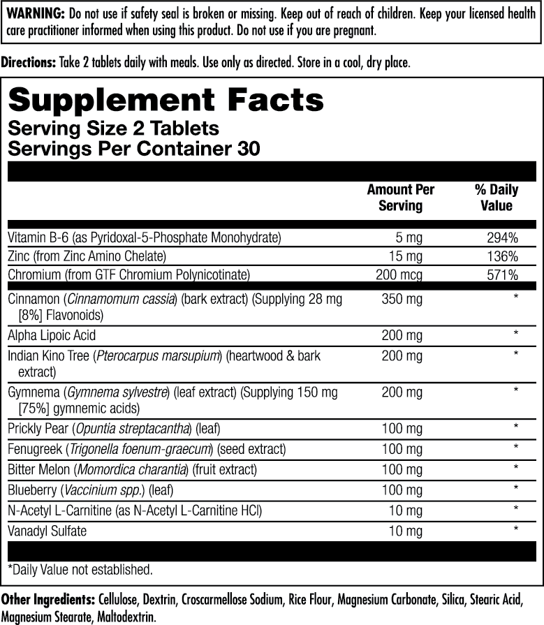 Supplement Facts for Kal Blood Sugar Defense