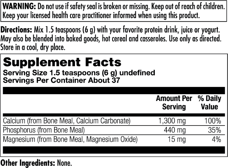 Supplement Facts for Kal Bone Meal Powder
