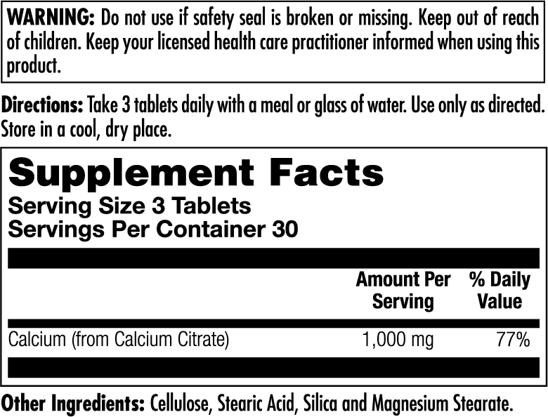 Supplement Facts for Kal Calcium Citrate 1000 Tablets