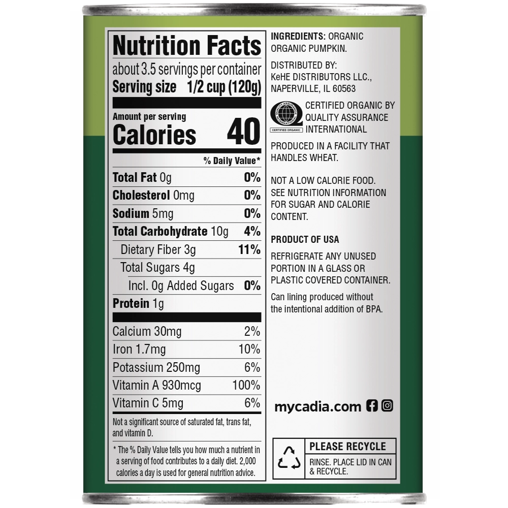Canned Organic Pumpkin Nutrition Facts