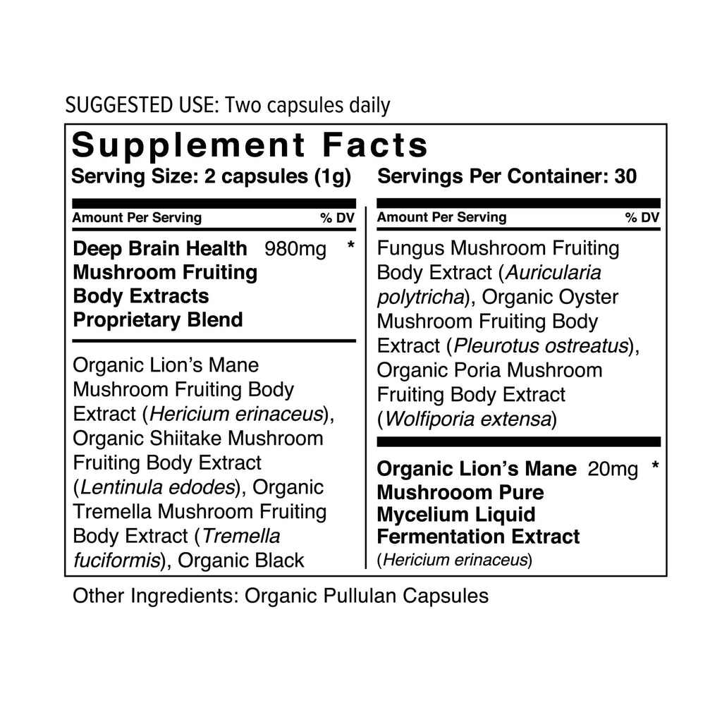 Supplement Facts for WholeSun Wellness Deep Brain Health Organic Mushroom Extract Blend Capsules
