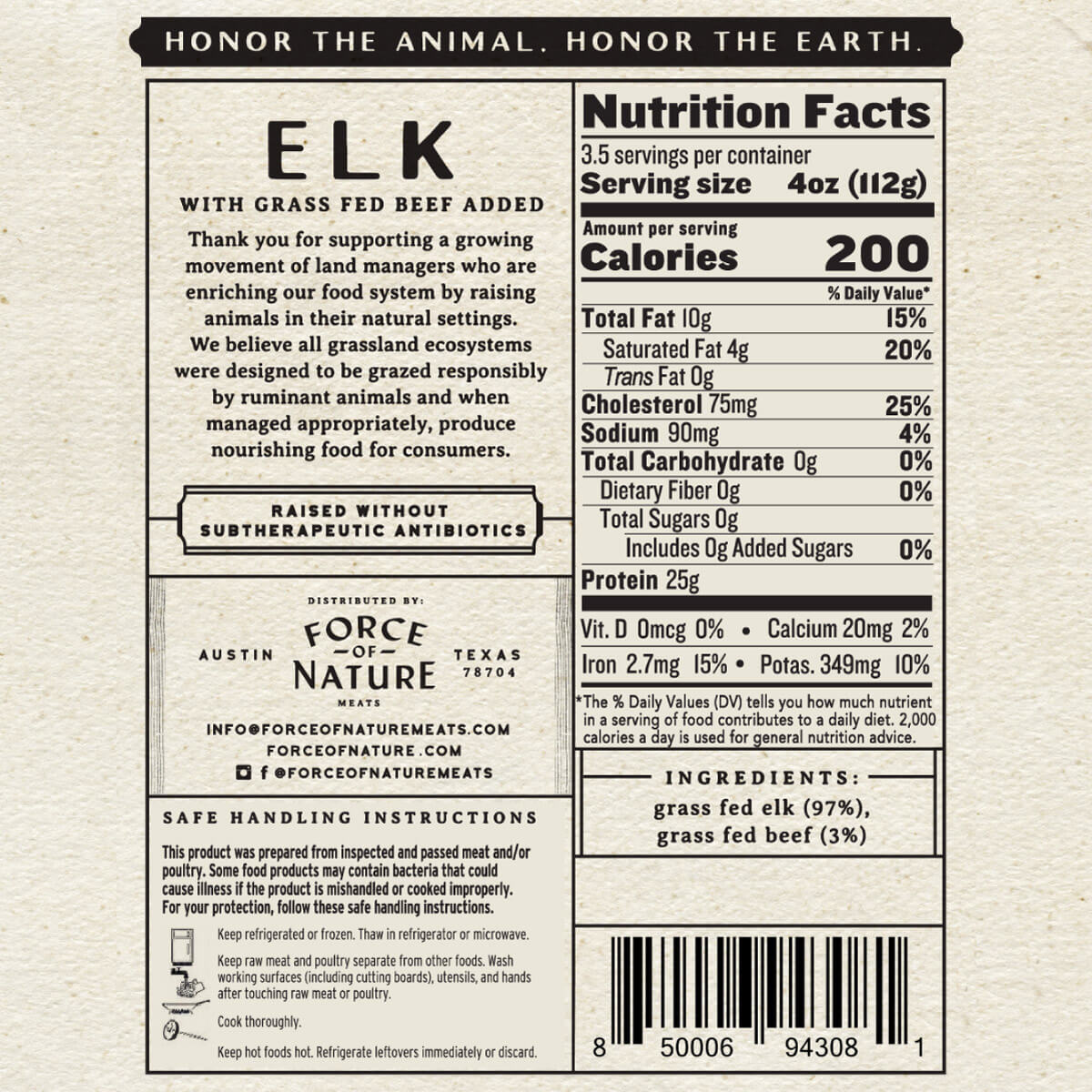 Nutrition Facts for Force of Nature Grass Fed Ground Elk