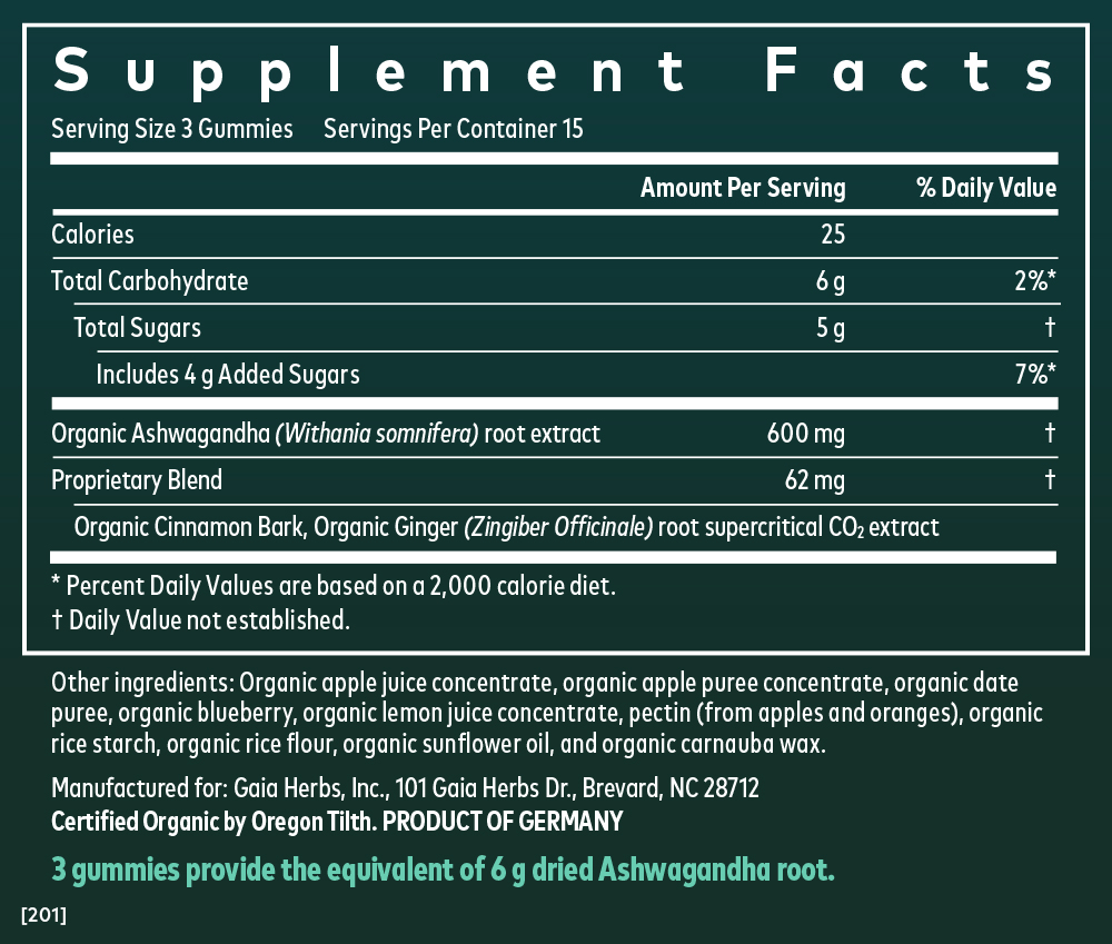 Supplement Facts for Gaia Herbs Ashwagandha Gummies