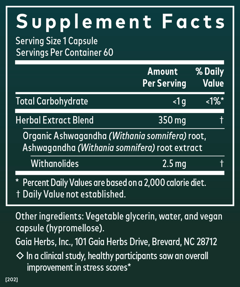 Supplement Facts for Gaia Herbs Ashwagandha Root Liquid Phyto-Caps