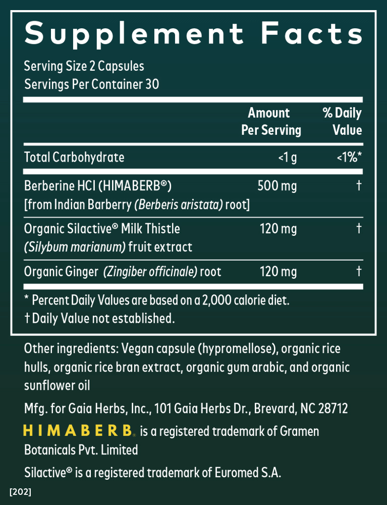 Supplement Facts for Gaia Herbs Berberine + Milk Thistle Capsules