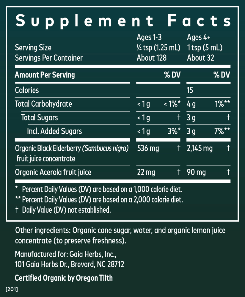 Supplement Facts for Gaia Herbs Black Elderberry Syrup Extra Strength