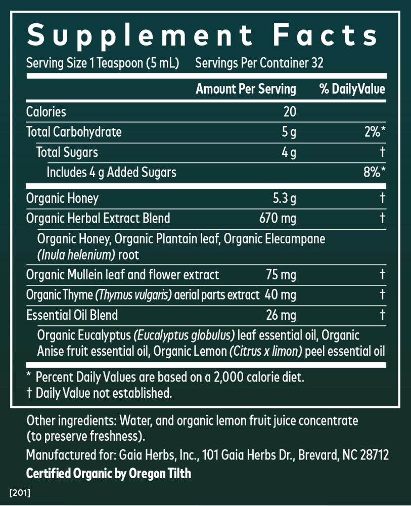 Supplement Facts for Gaia Herbs Bronchial Wellness Syrup