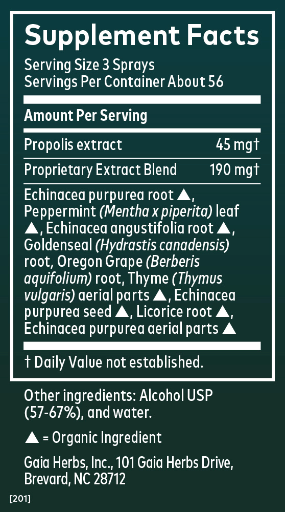 Supplement Facts for Gaia Herbs Echinacea Goldenseal Propolis Throat Spray