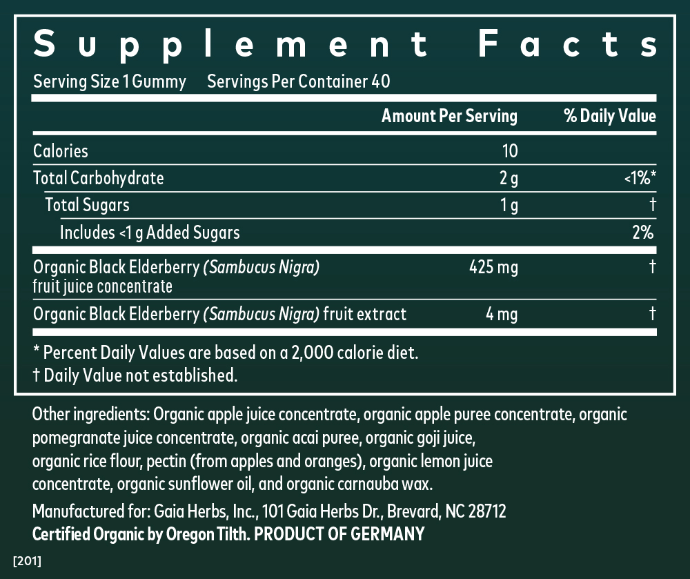 Supplement Facts for Gaia Herbs Black Elderberry Kids Daily Gummies