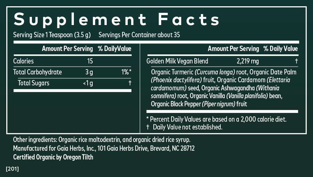 Supplement Facts for Gaia Herbs Golden Milk Powder