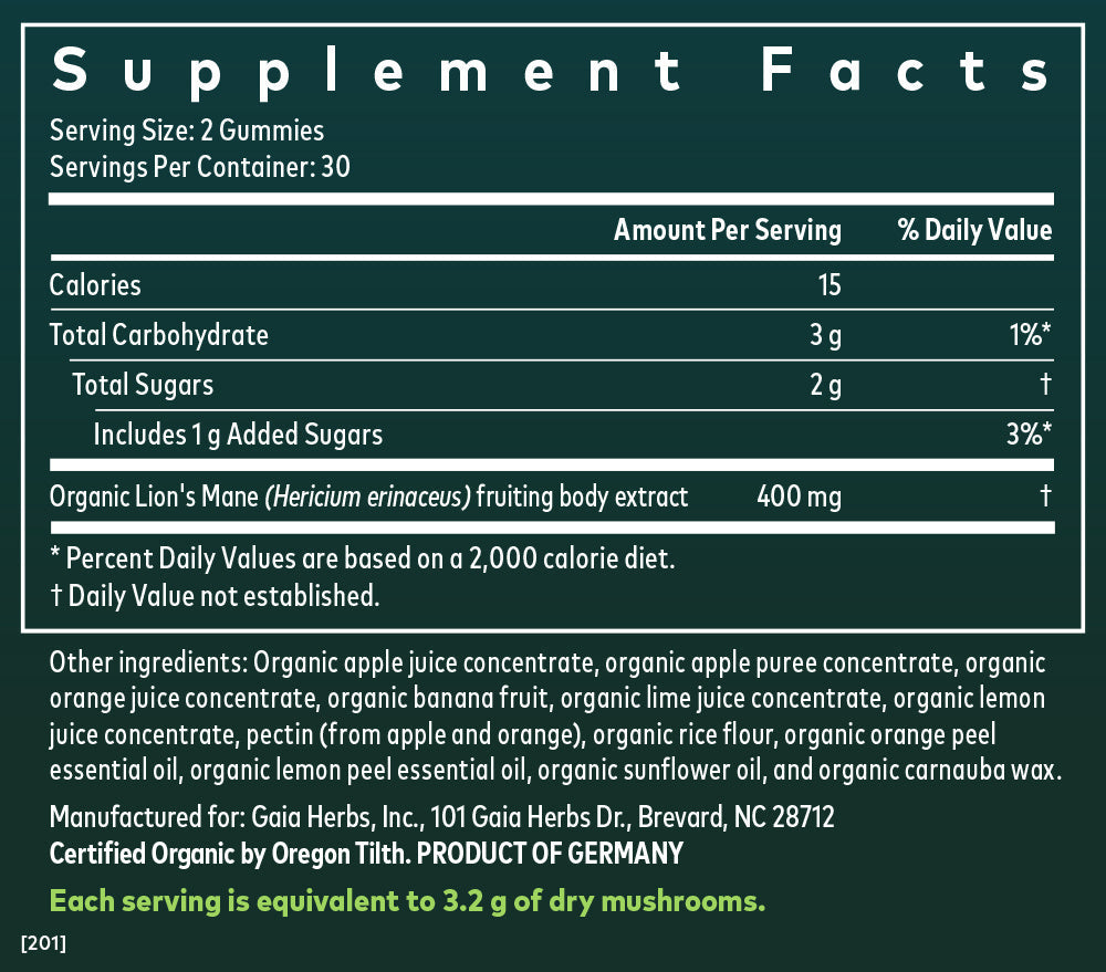 Supplement Facts for Gaia Herbs Lion's Mane Mushroom Gummies