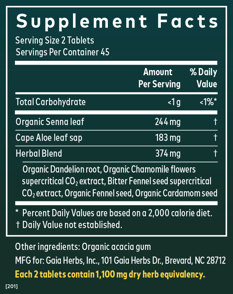 Supplement Facts for Gaia Herbs Natural Laxative Tablets