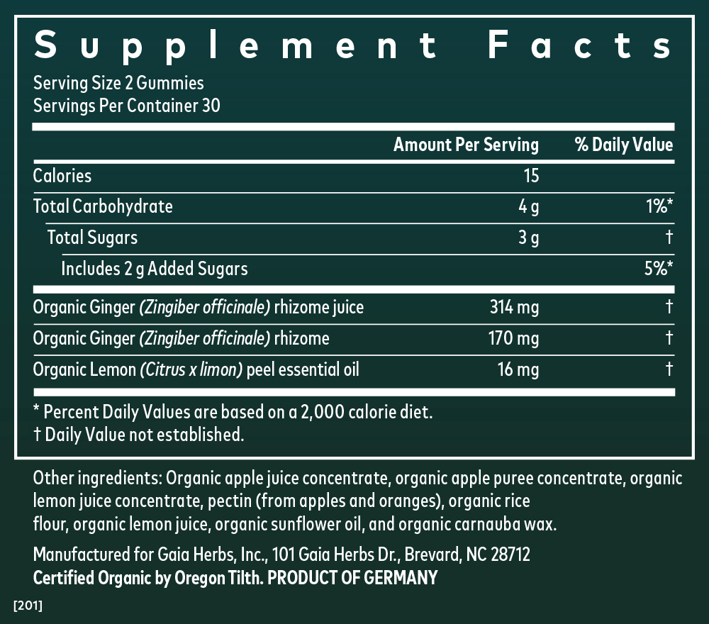 Supplement Facts for Gaia Herbs Morning Nausea Gummies