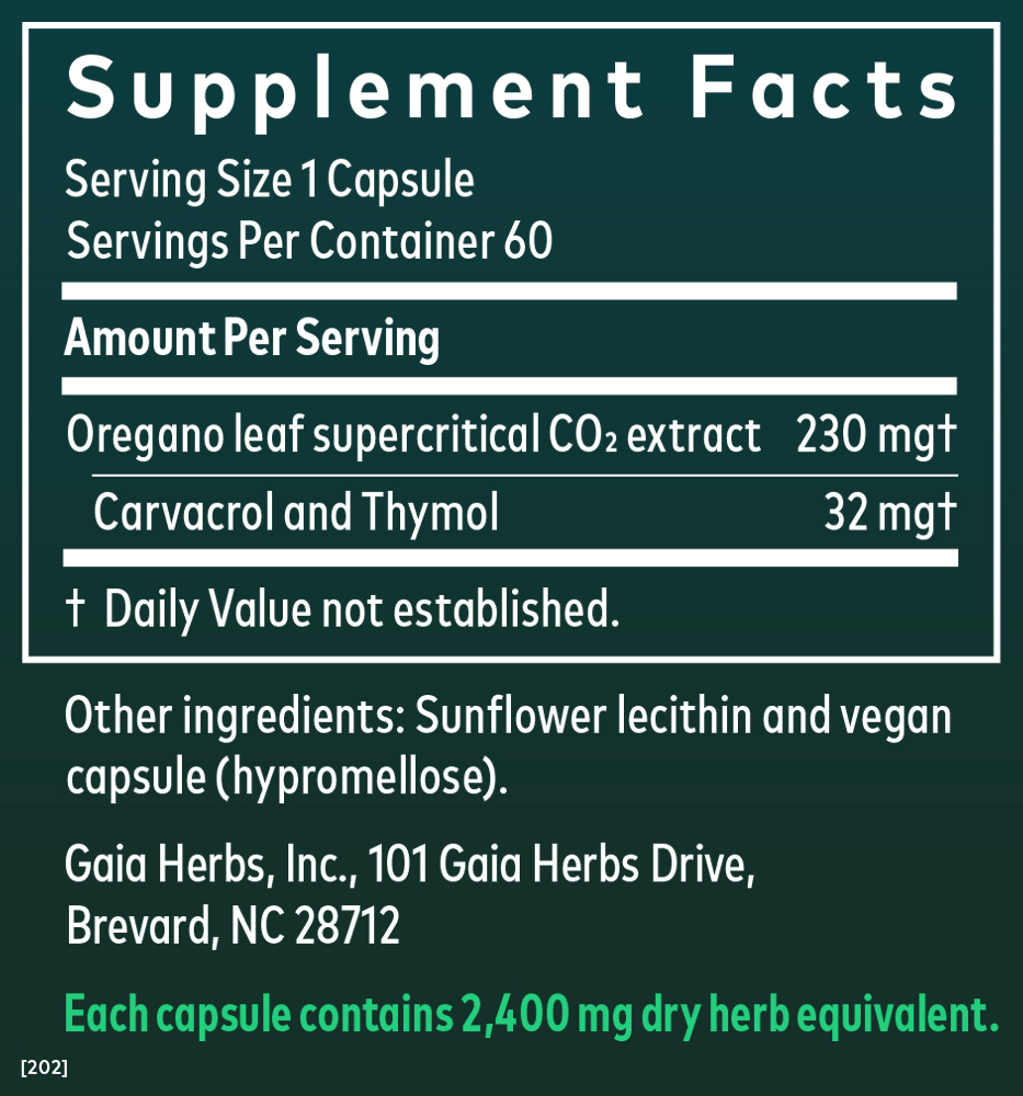 Supplement Facts for Gaia Herbs Oil of Oregano