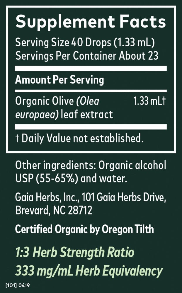 Supplement Facts for Gaia Herbs Olive Leaf Extract Organic