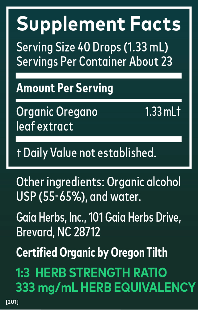 Supplement Facts for Gaia Herbs Oregano Leaf Extract Organic