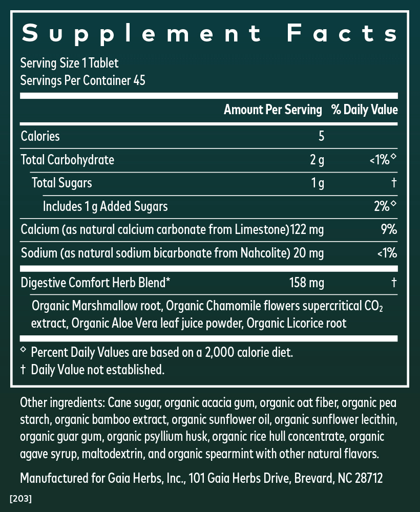 Supplement Facts for Gaia Herbs Reflux Relief, Light Mint