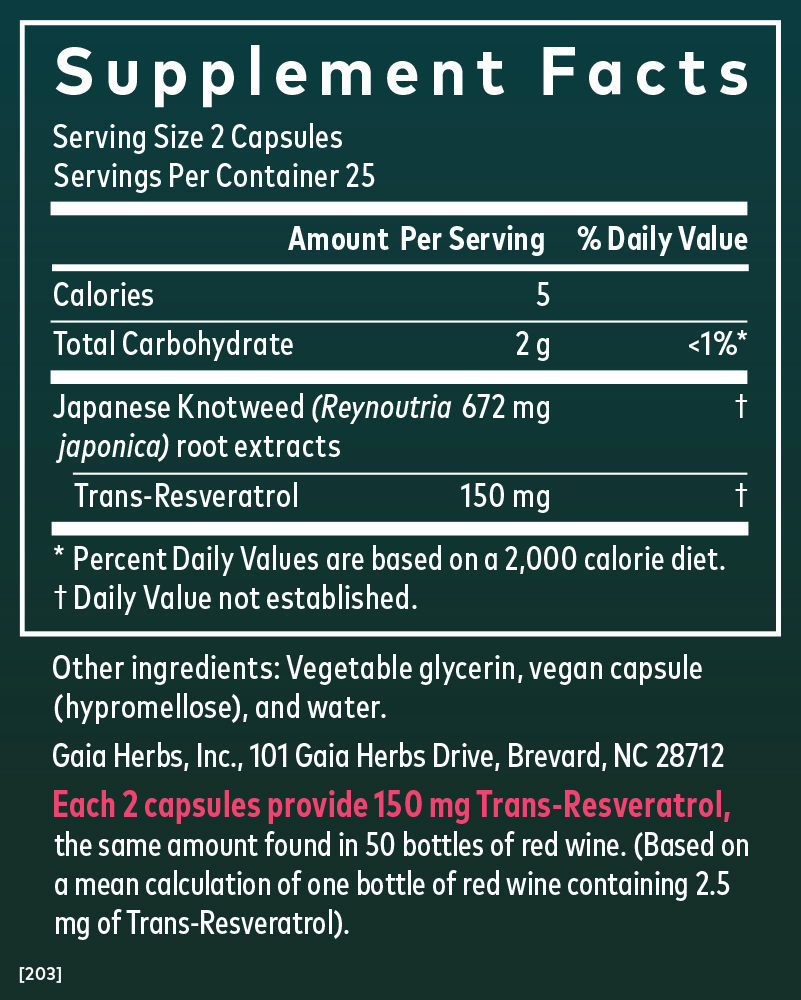 Supplement Facts for Gaia Herbs Resveratrol 150mg Liquid Phyto-Caps