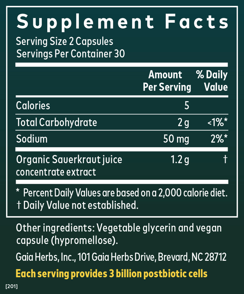 Supplement Facts for Gaia Herbs Sauerkraut Postbiotic Capsules