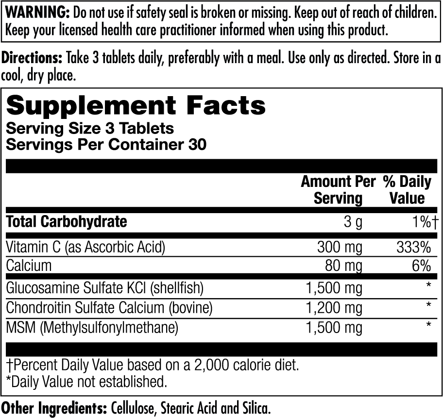 Supplement Facts for Kal Glucosamine Chondroitin MSM Tablets