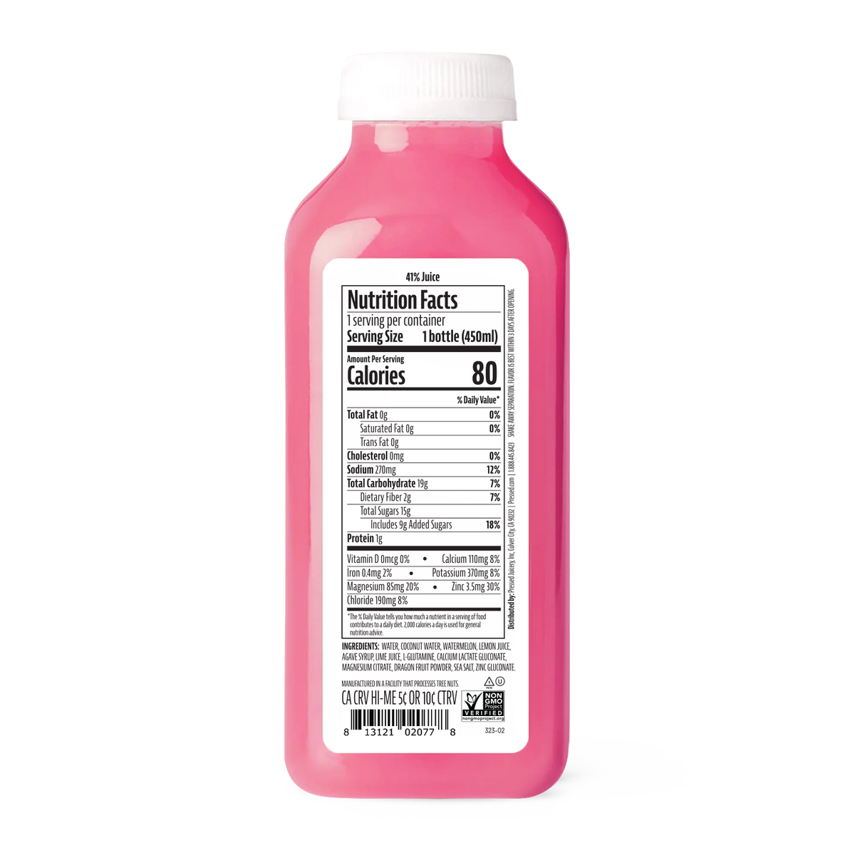 Nutrition Facts for Pressed Juicery Hydration+ Watermelon Dragon Fruit