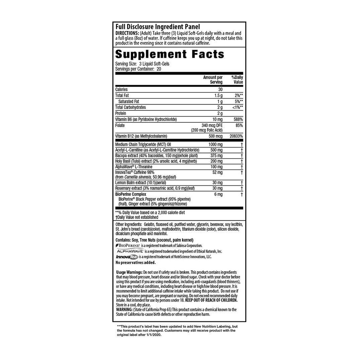 Supplement Facts for Irwin Naturals Brain Awake