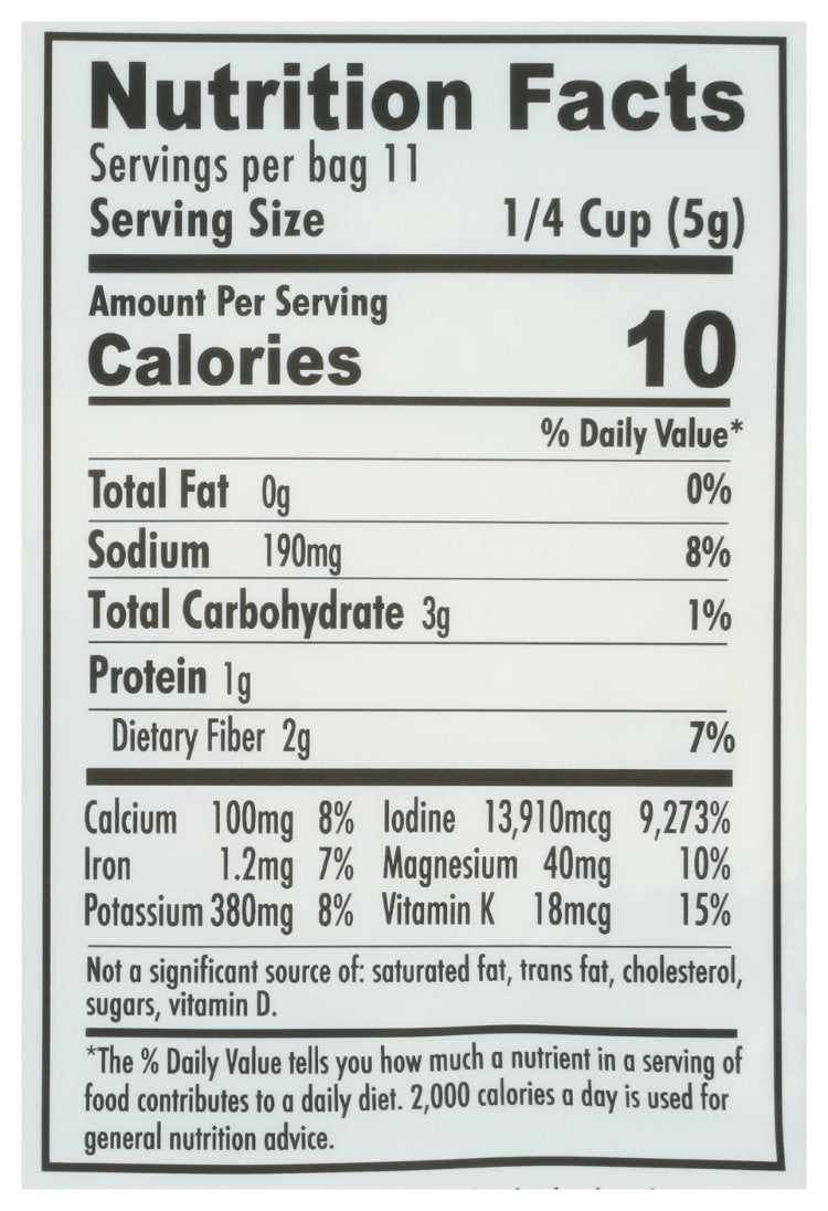 Nutrition Facts for Maine Coast Sea Vegetables Organic Sugar Kelp Whole Leaf (Saccharina latissima) - "Wild Atlantic Kombu" - Wild-Harvested Sea Vegetable