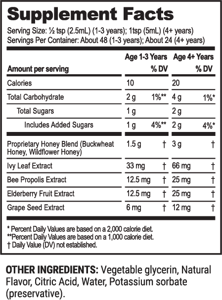 Supplement Facts for Beekeeper's Naturals Kids Daytime Honey Cough Syrup