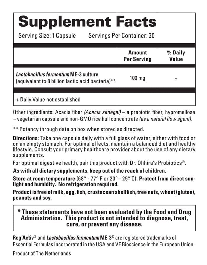 Supplement Facts for Reg'Activ Essential ME-3