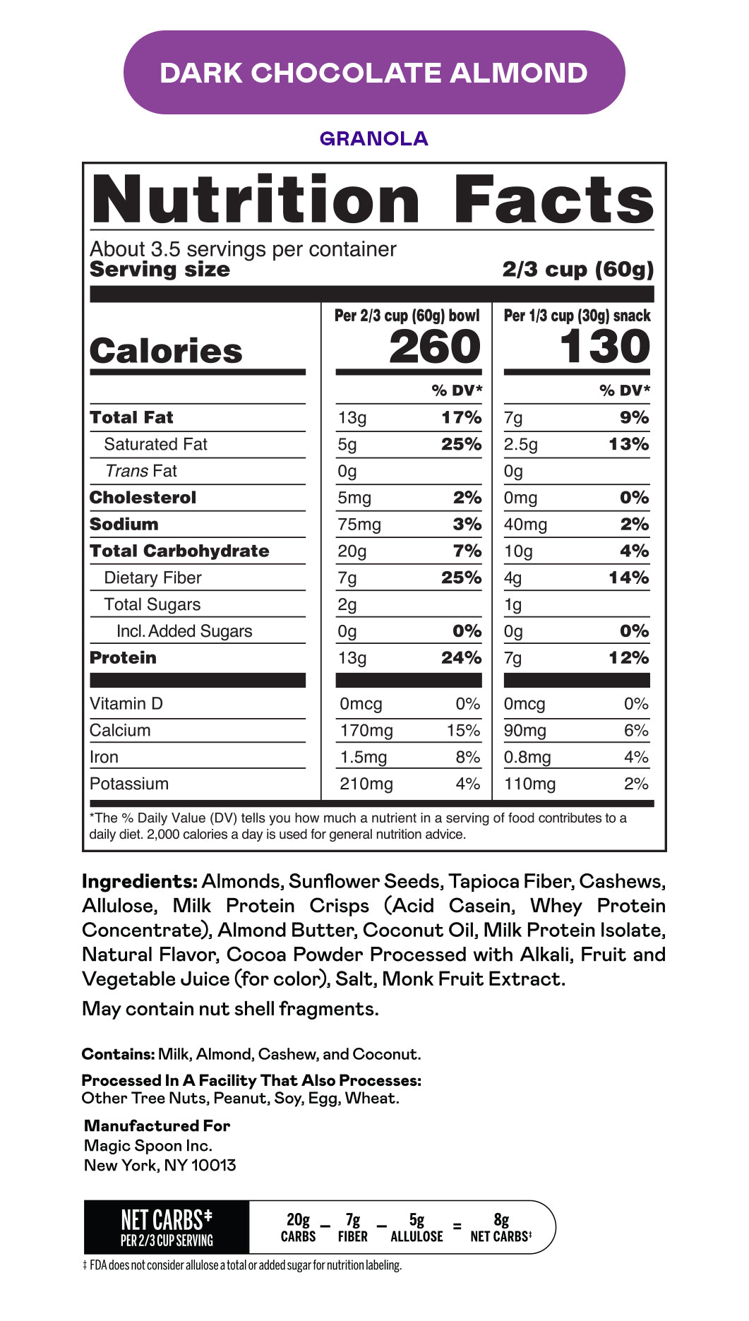 Nutrition Facts for MAGIC SPOON Dark Chocolate Almond Protein Granola