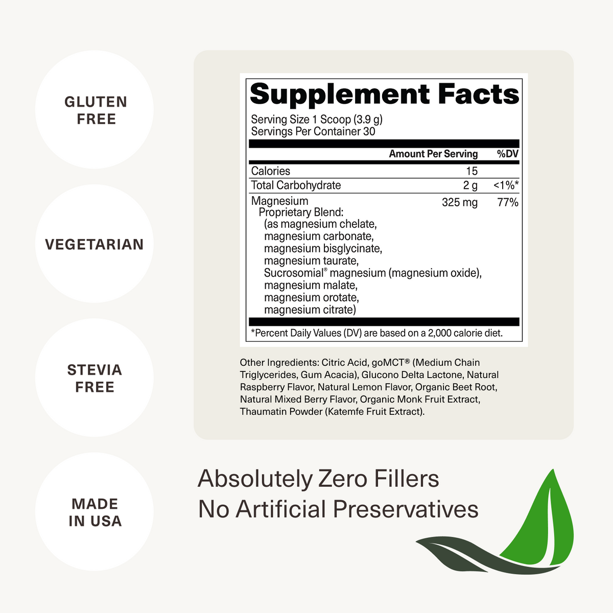 Supplement Facts panel for BiOptimizers Magnesium Breakthrough Drink Raspberry Lemonade