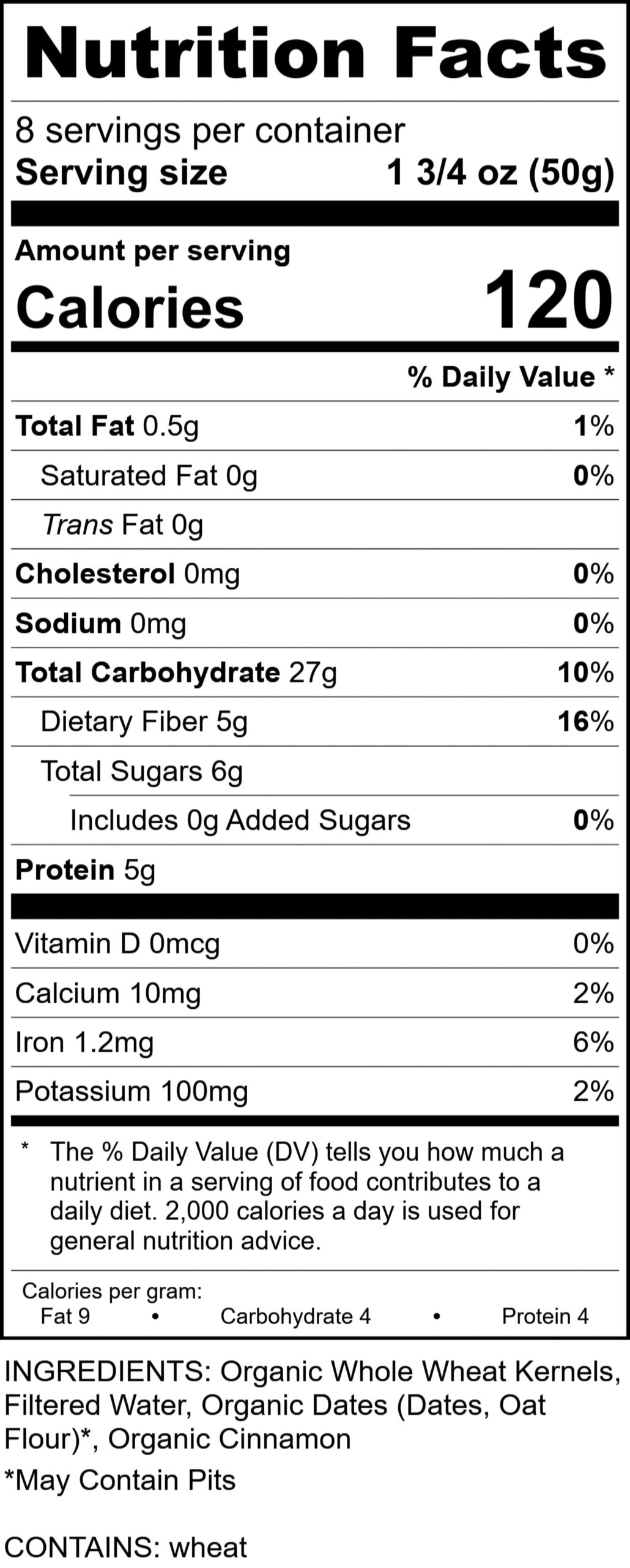 Nutrition Facts for Manna Organics Sprouted Cinnamon Date Bread